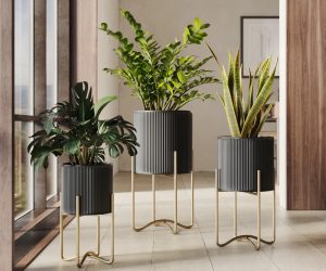 glamorous black and gold plant stands set of three 16 inches to 25 inches tall fluted planter golden metal bases ceramic