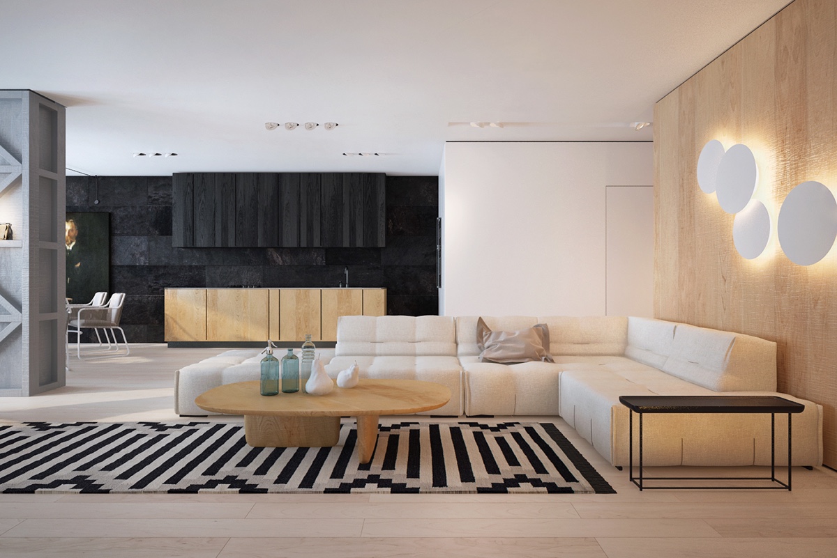 Black White And Natural Wood Living Room