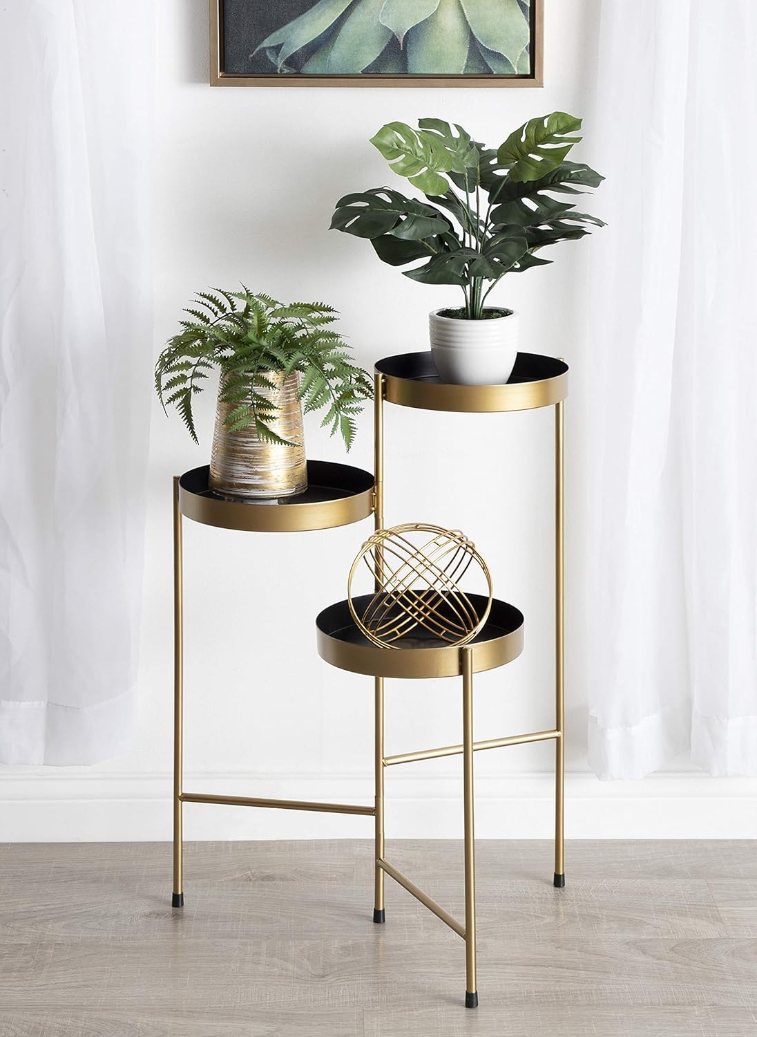 Three-tier black and gold plant stand