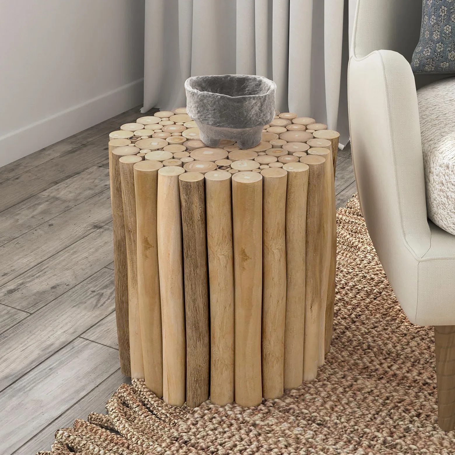 Round end table made from bundled branches