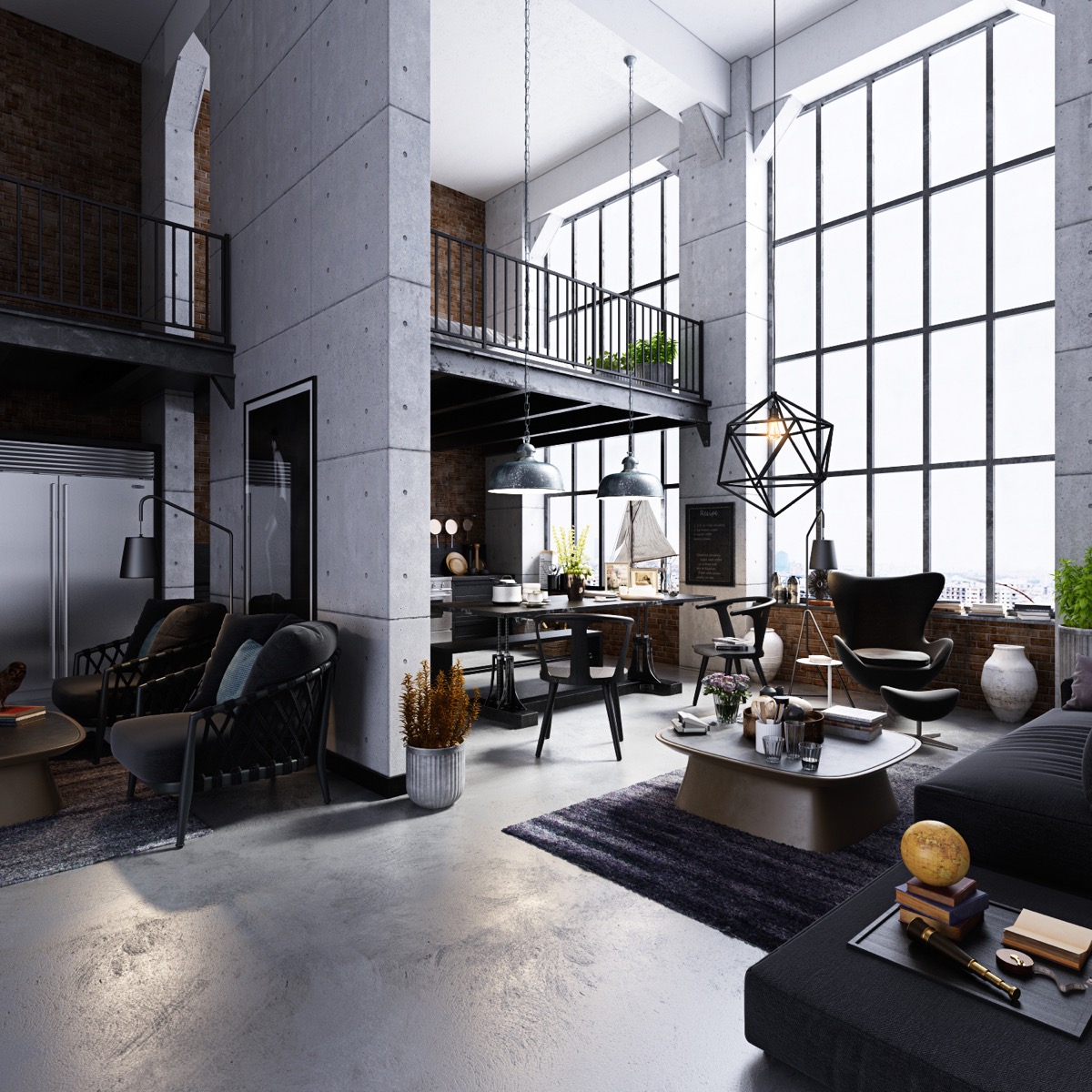 High Ceilings Factory Windows Industrial Living Room Decor 