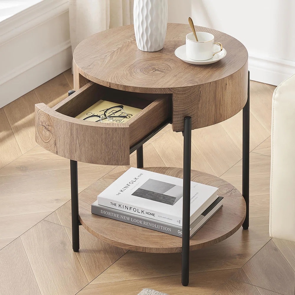 Round end table with storage and shelf