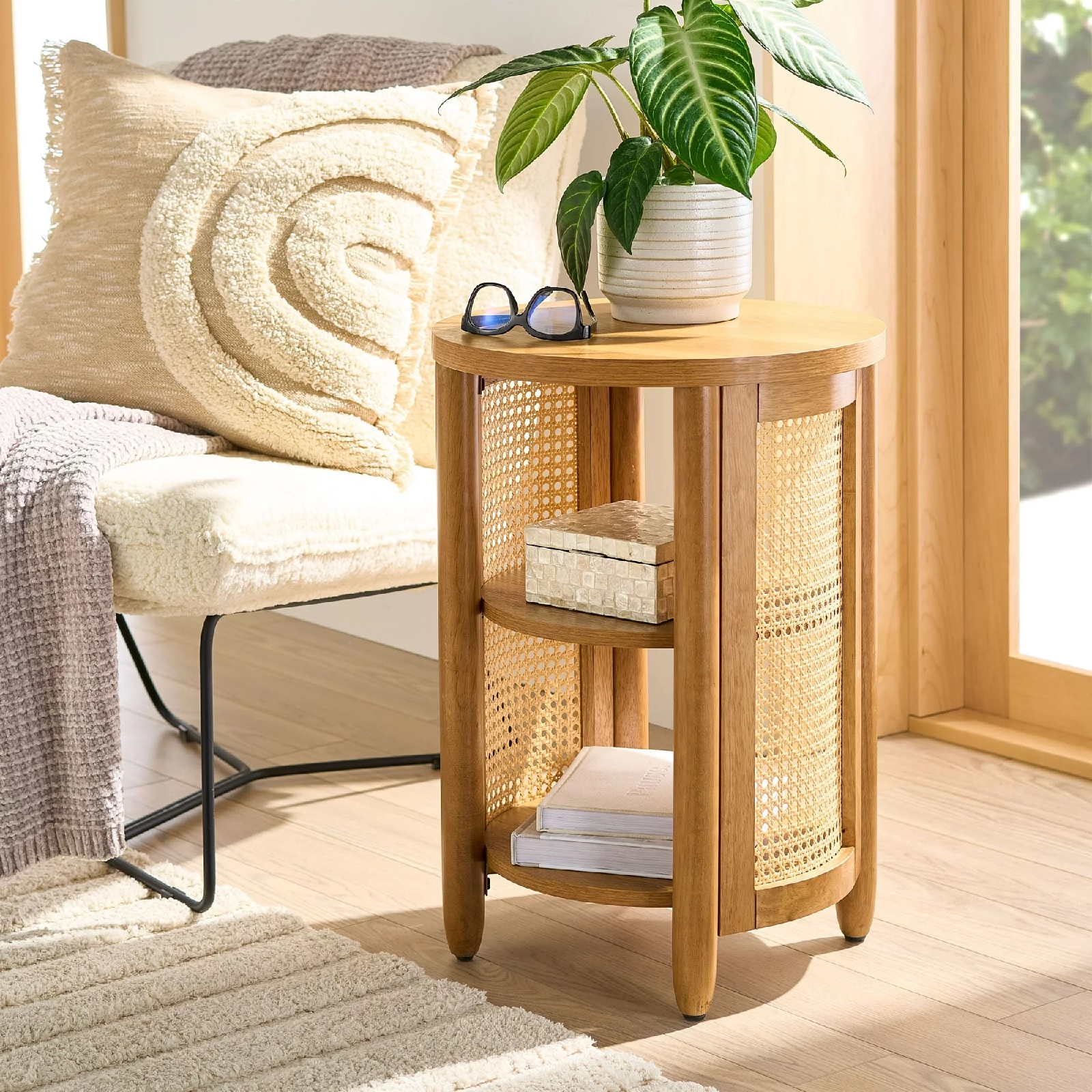 wooden end table with shelves and round tabletop decorative woven cane details bohemian mid century modern living room side table with storage