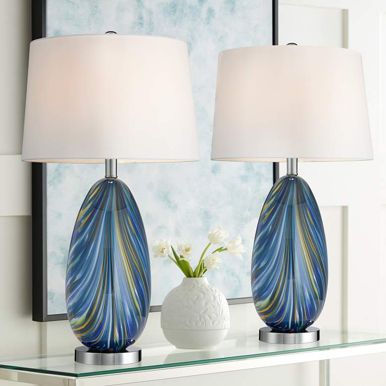 Blue art glass table lamp set