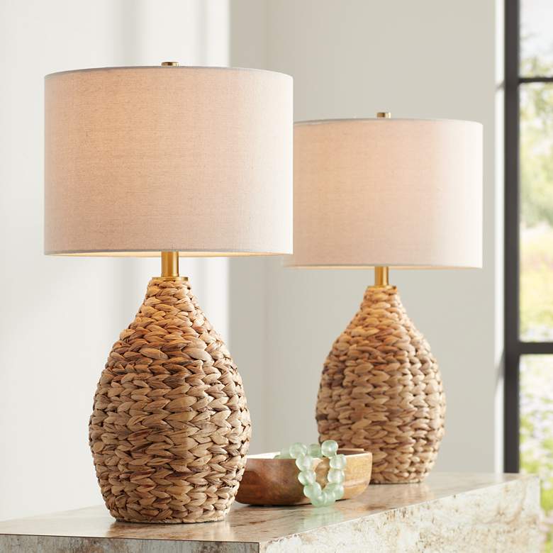 Woven reed modern coastal lamps set