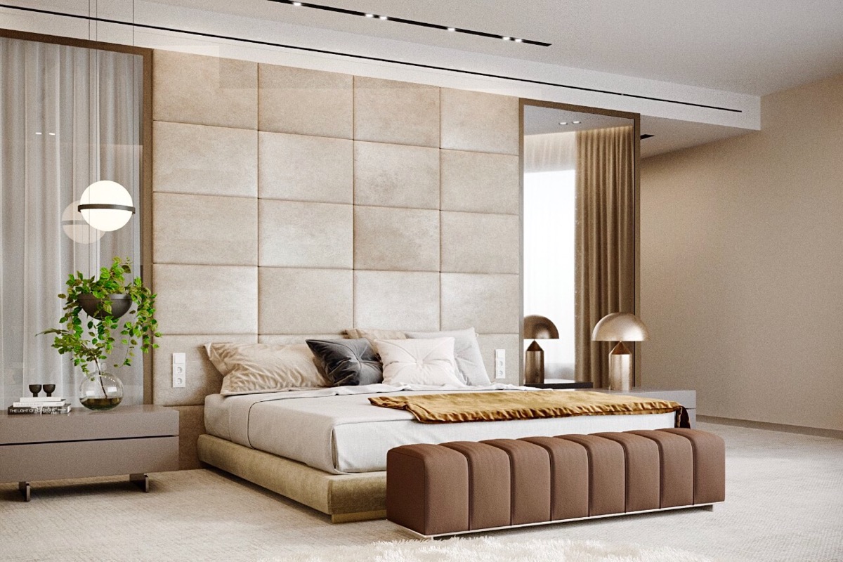 marble tiles beige feature wall in bedroom | Interior Design Ideas