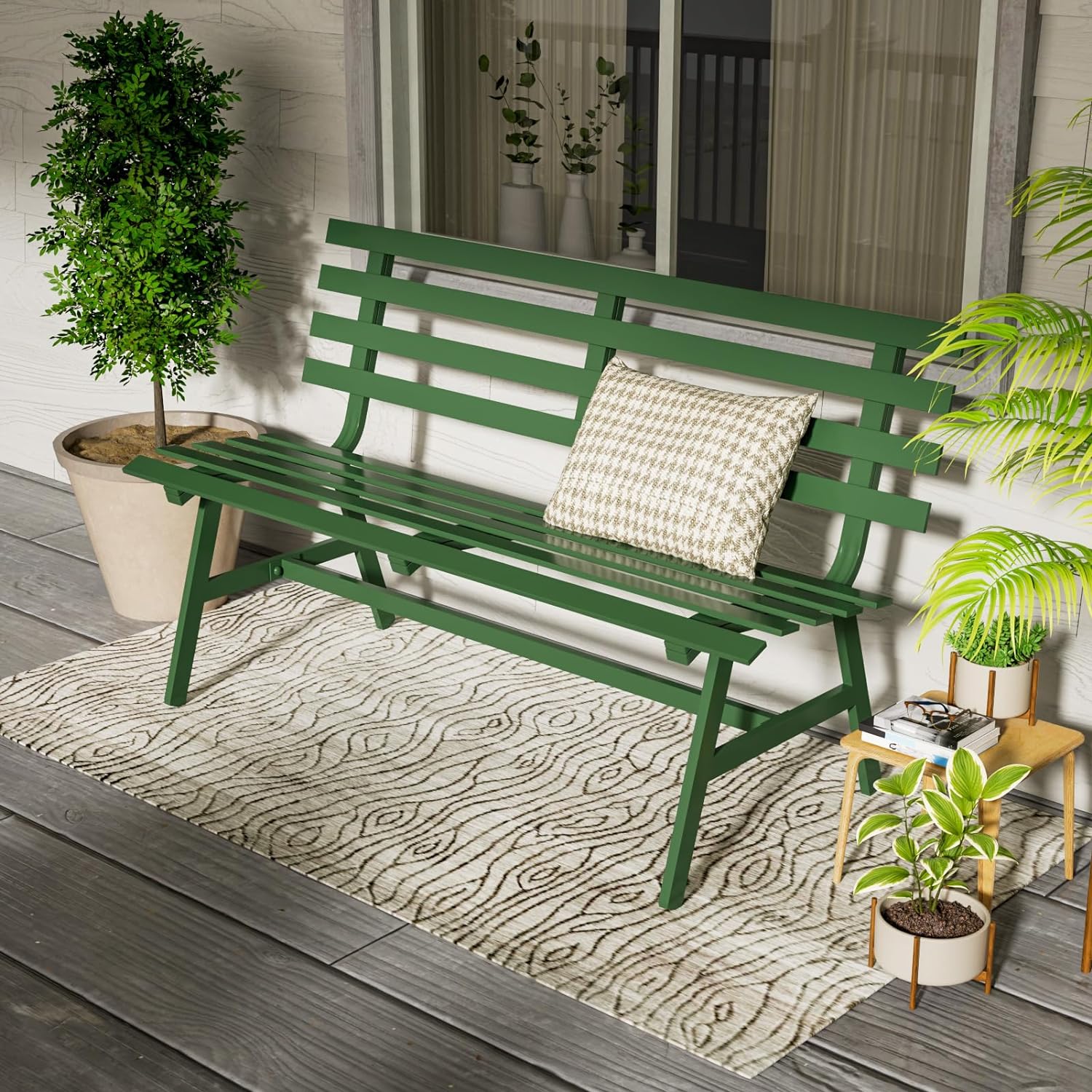 colorful green garden bench on patio