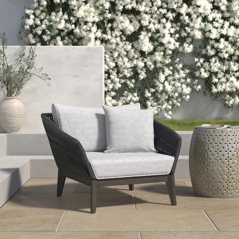 grey and charcoal armchair on patio