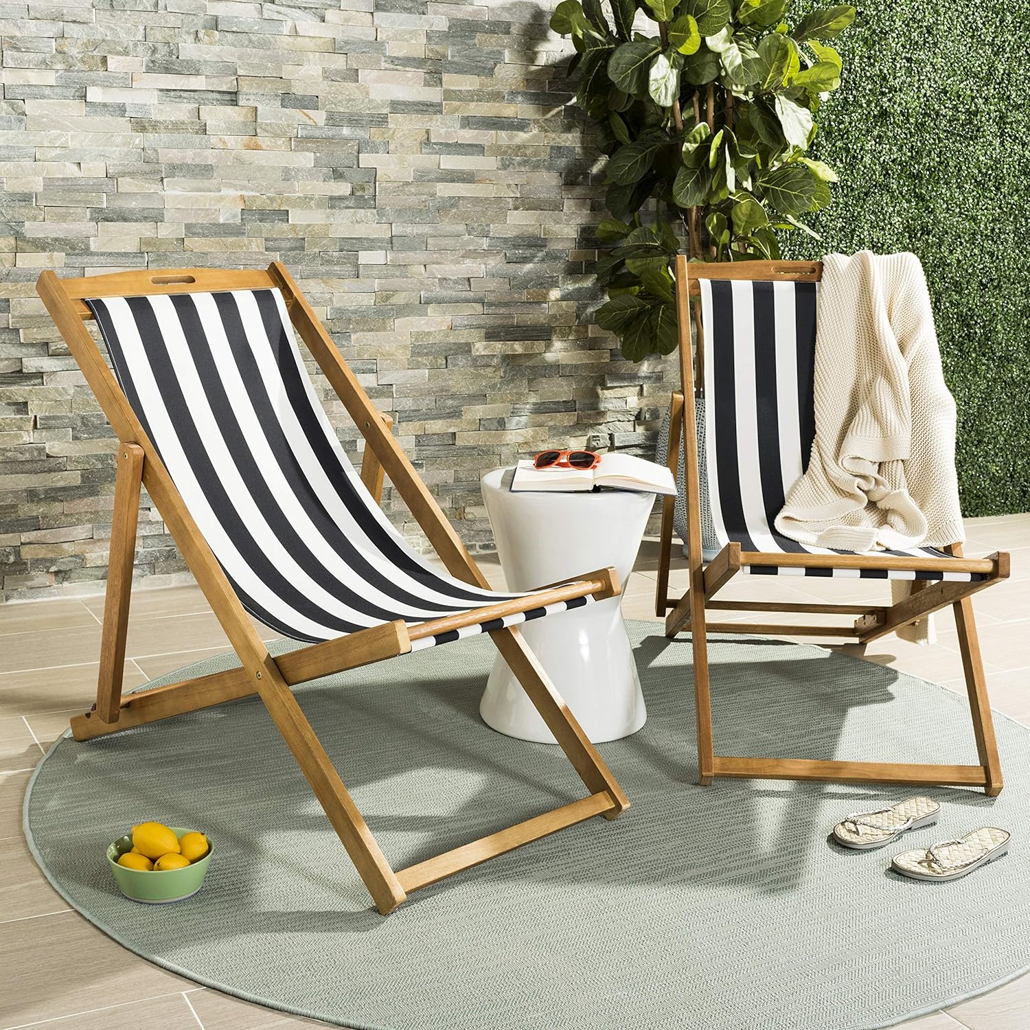 folding outdoor modern lounge chairs with black and white striped sling seat