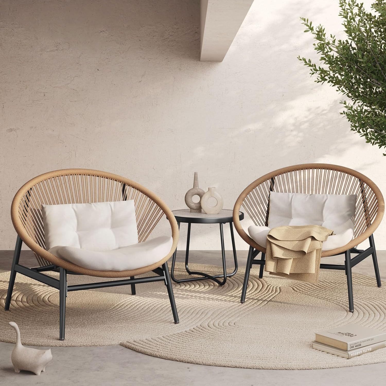 round modern wicker chairs on beige patio