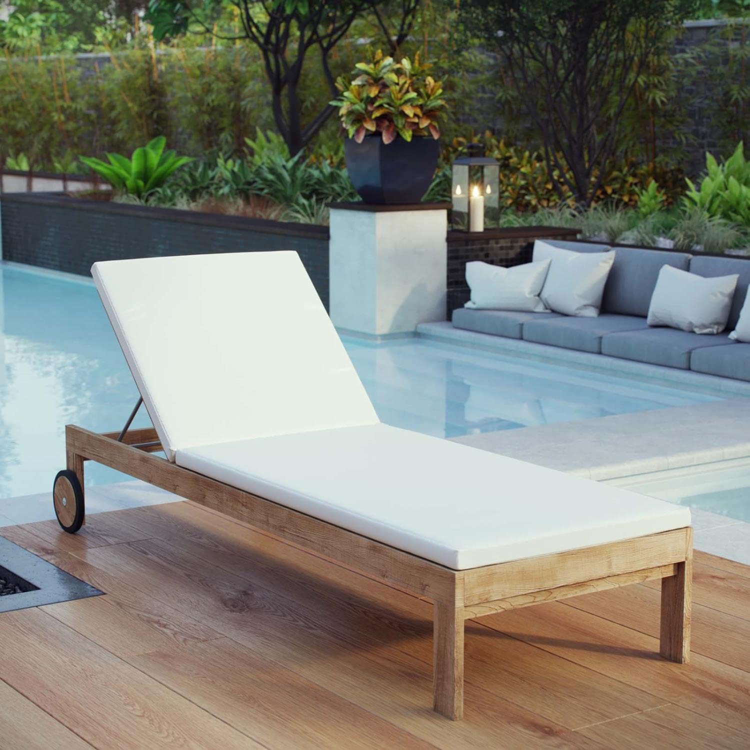 wood and white outdoor lounger with reclining back