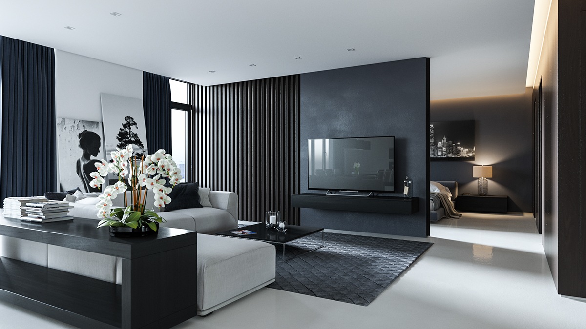 Black Living Room With Grey And Blue