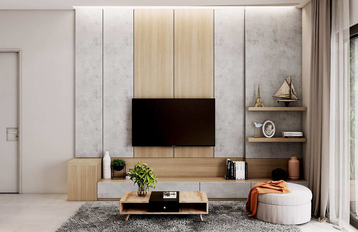 Wood strip TV wall feature  Wooden walls living room, Wood wall