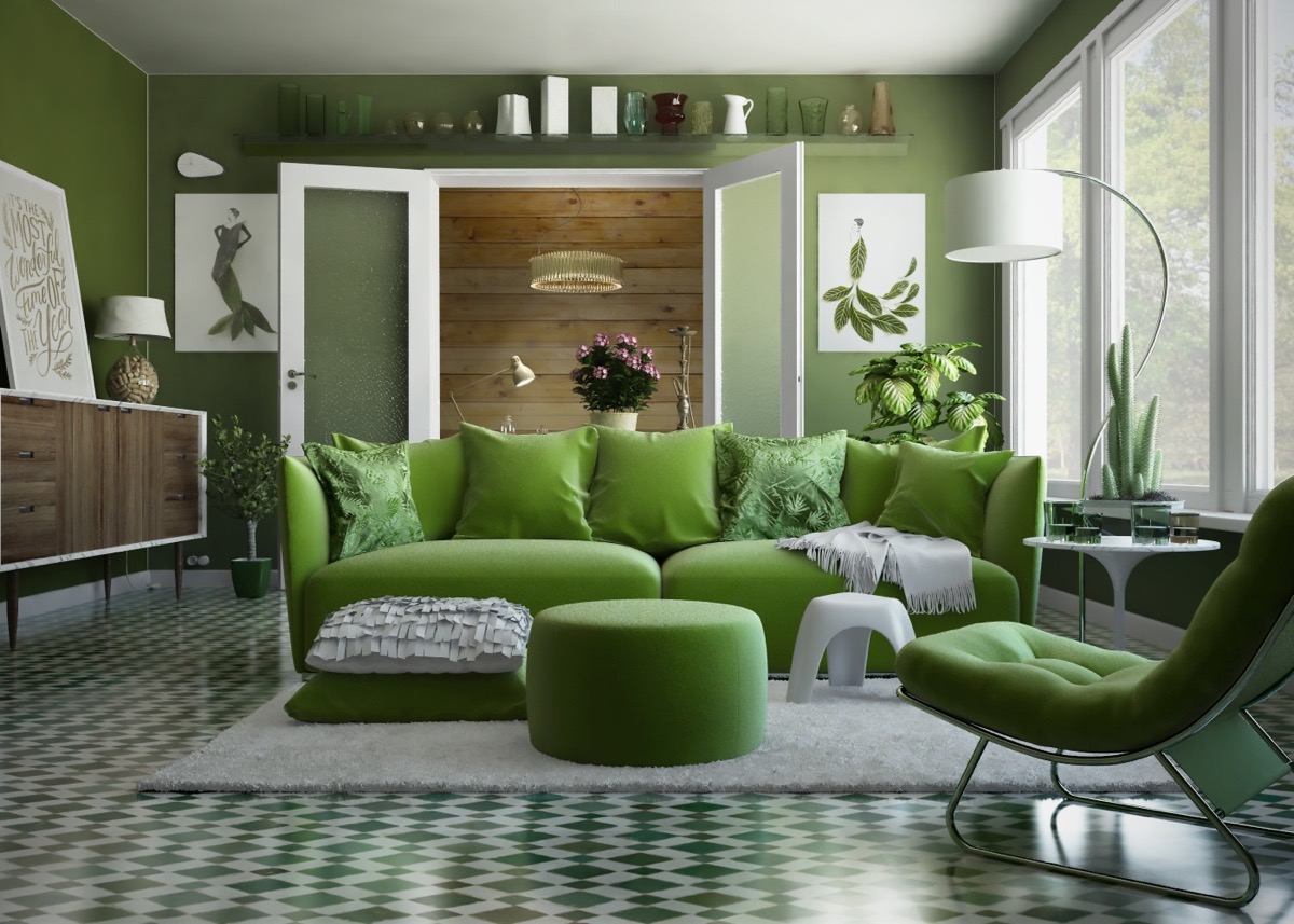 Black Living Room With A Green Sofa