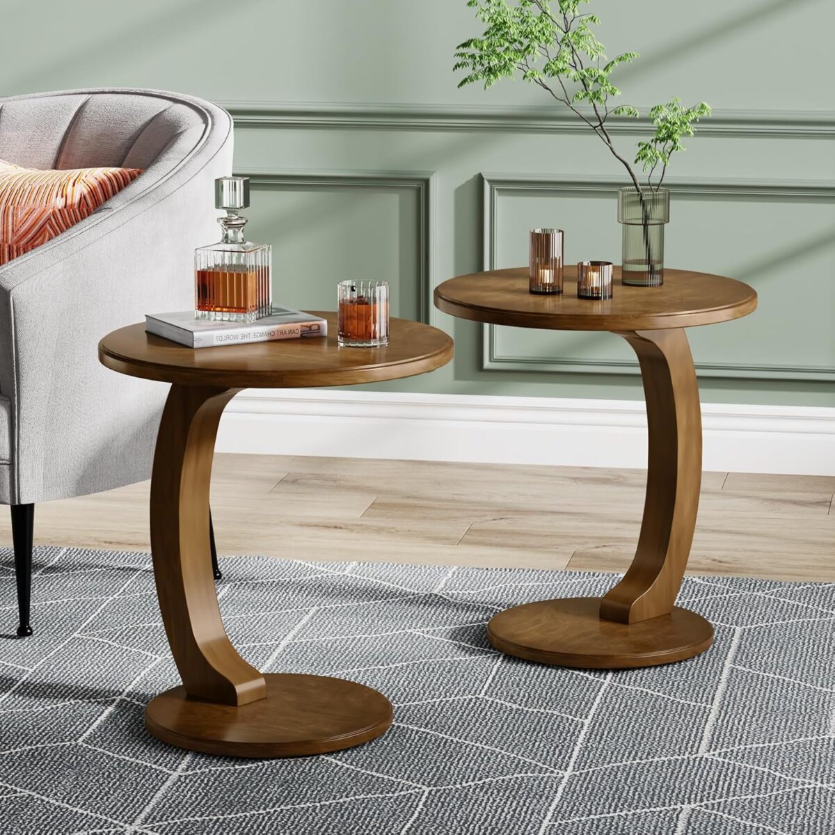 C shaped Wooden Round Side Table Set