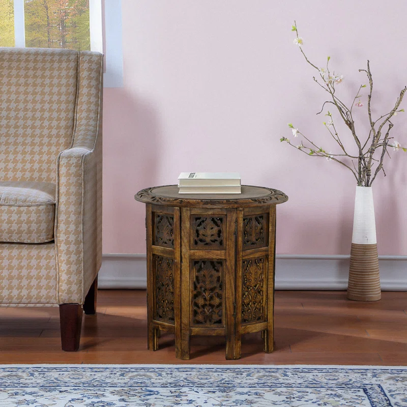 Handcarved small wood side table