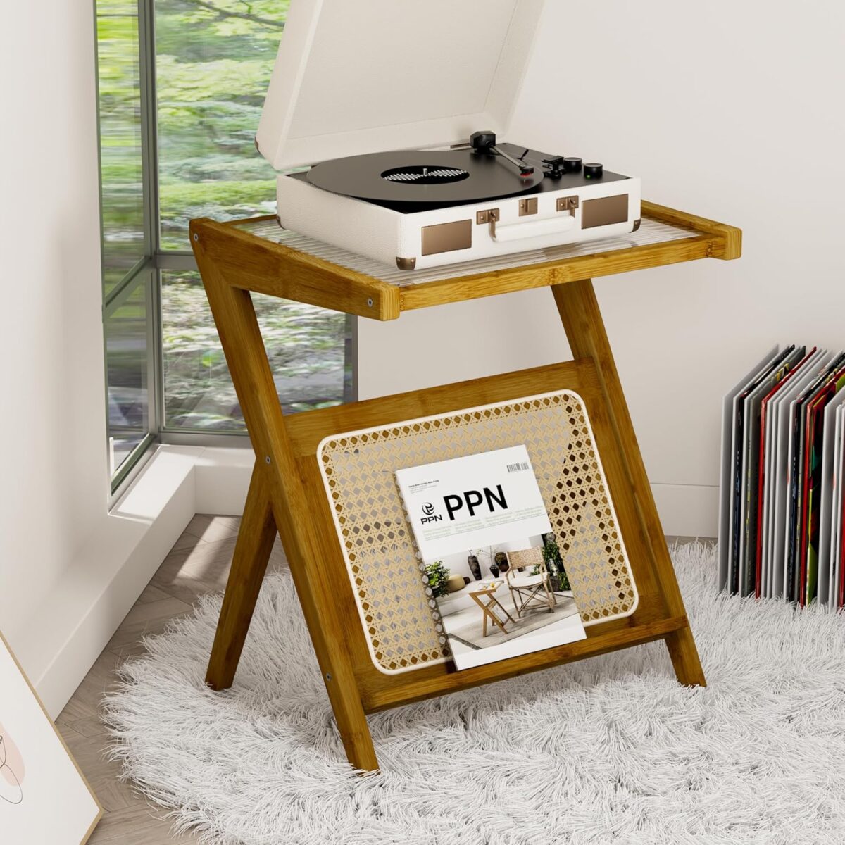 Mid century Modern Glass and Rattan Side Table