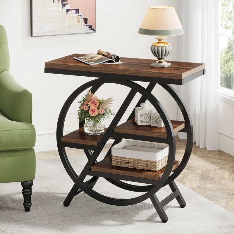 Wood and metal side table with shelves