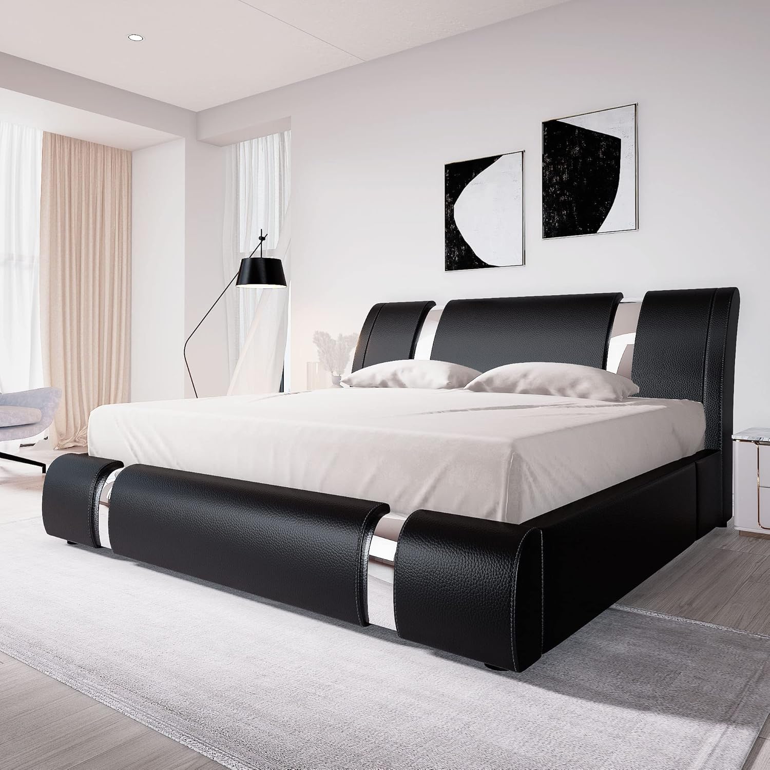 Black and silver upholstered platform bed