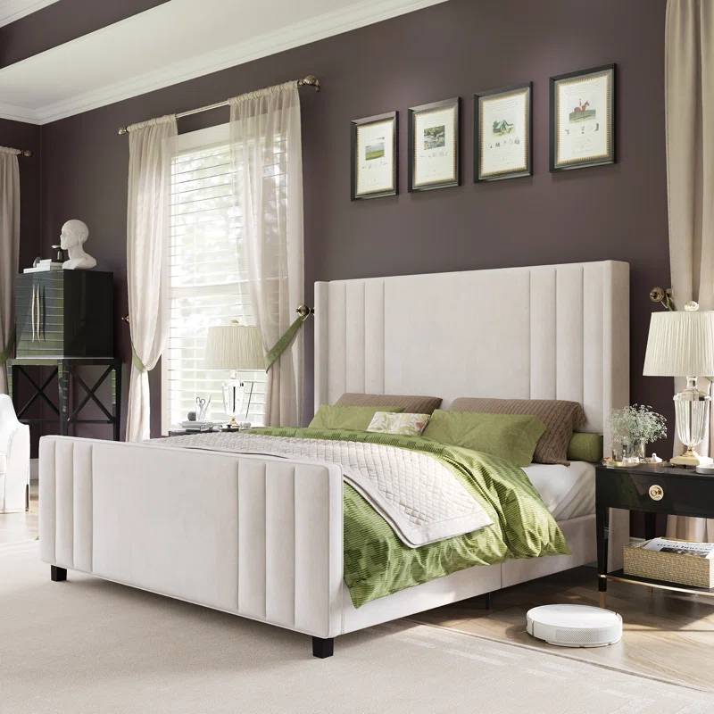 Cream velvet upholstered platform bed