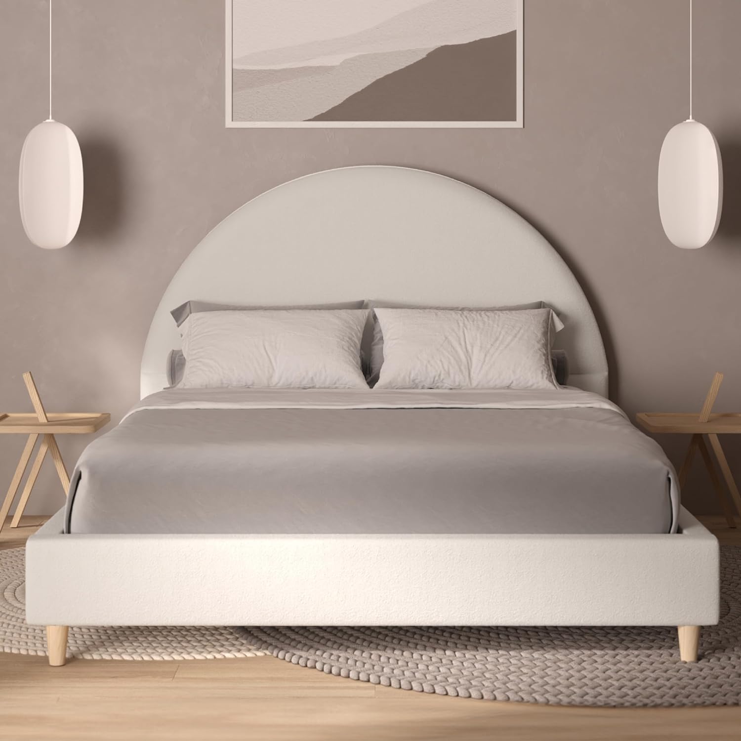 Creamy white upholstered platform bed