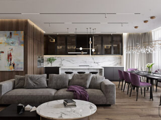 A Cozy Modern Home With White Marble And Purple Accents