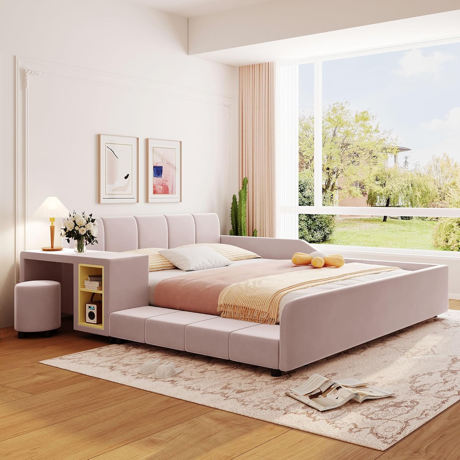 Multifunctional pink platform bed