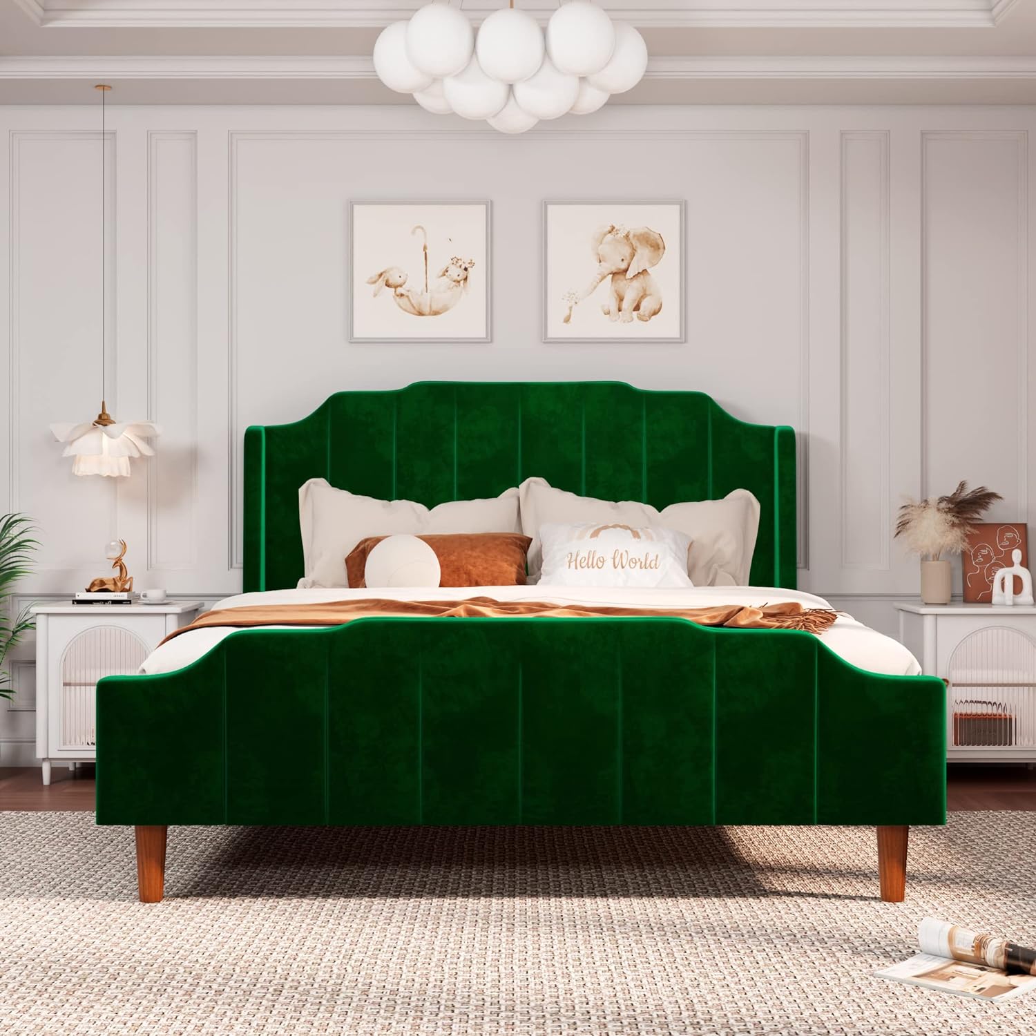 Velvet green upholstered platform bed