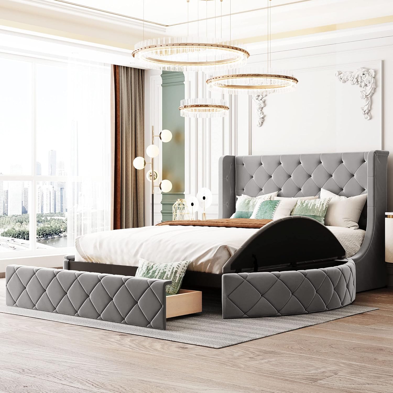 Velvet upholstered platform bed with storage