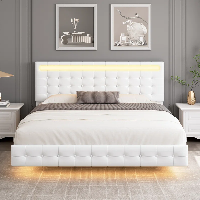 White tufted platform bed