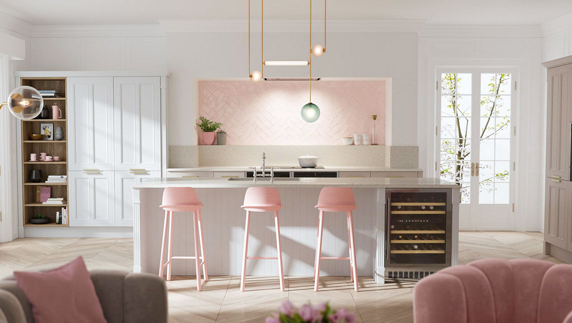 kitchen pink wall and green backsplash