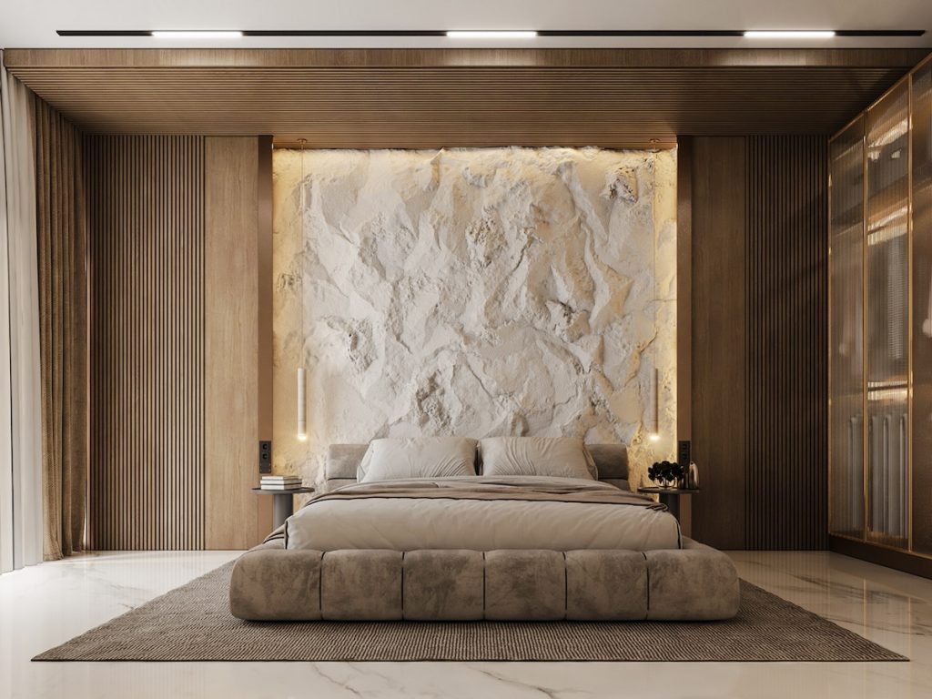 luxury bedroom rockface feature wall