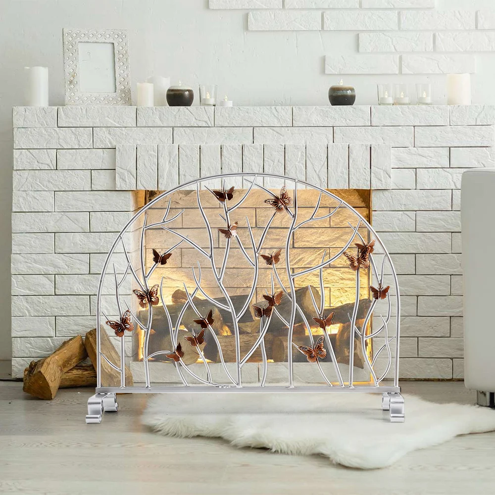 Silver twig fireplace screen with golden butterflies