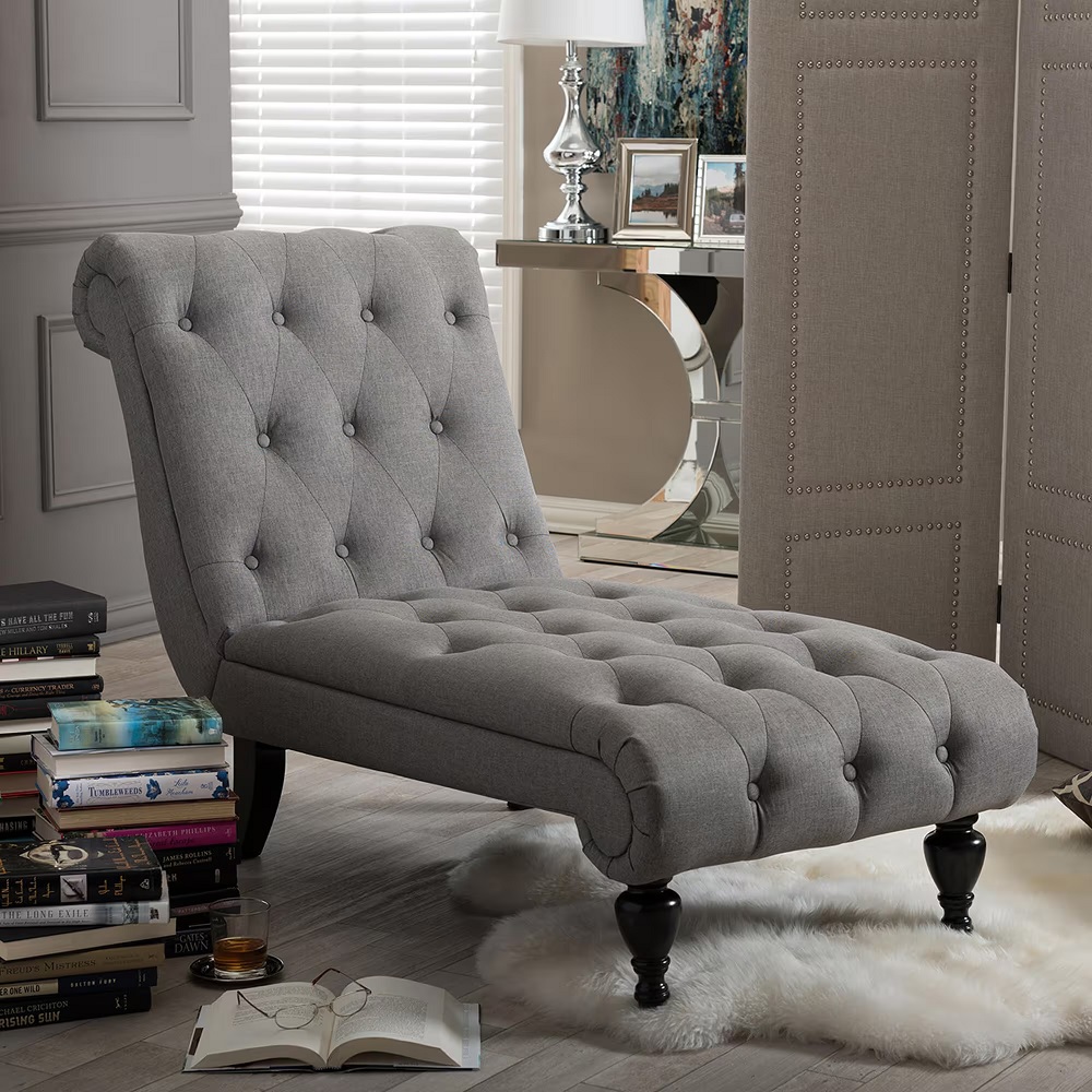 Grey chaise with diamond tufting