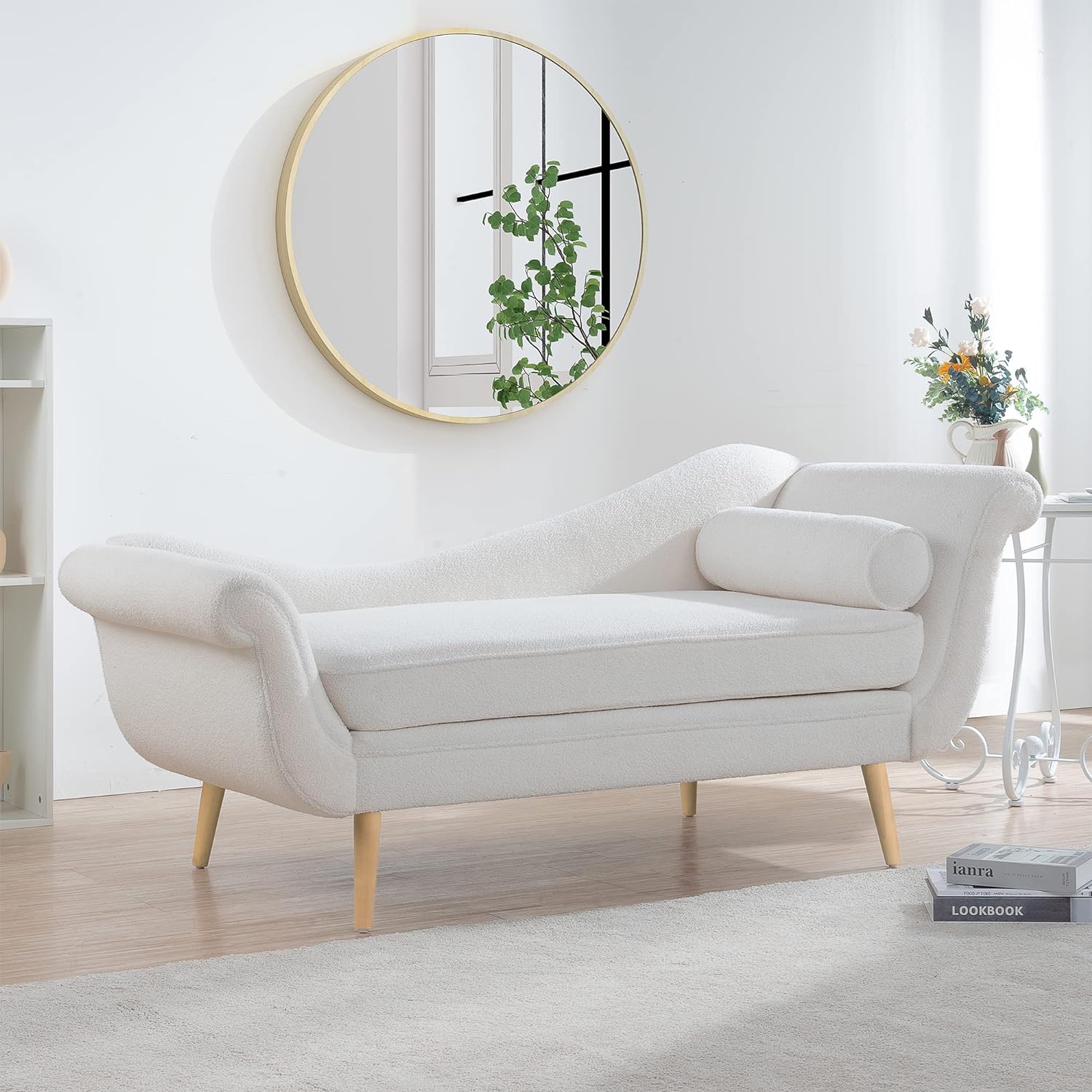 White chaise with tapered wood legs