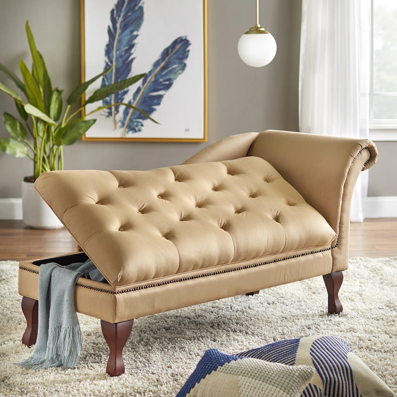 Beige chaise showing hidden storage