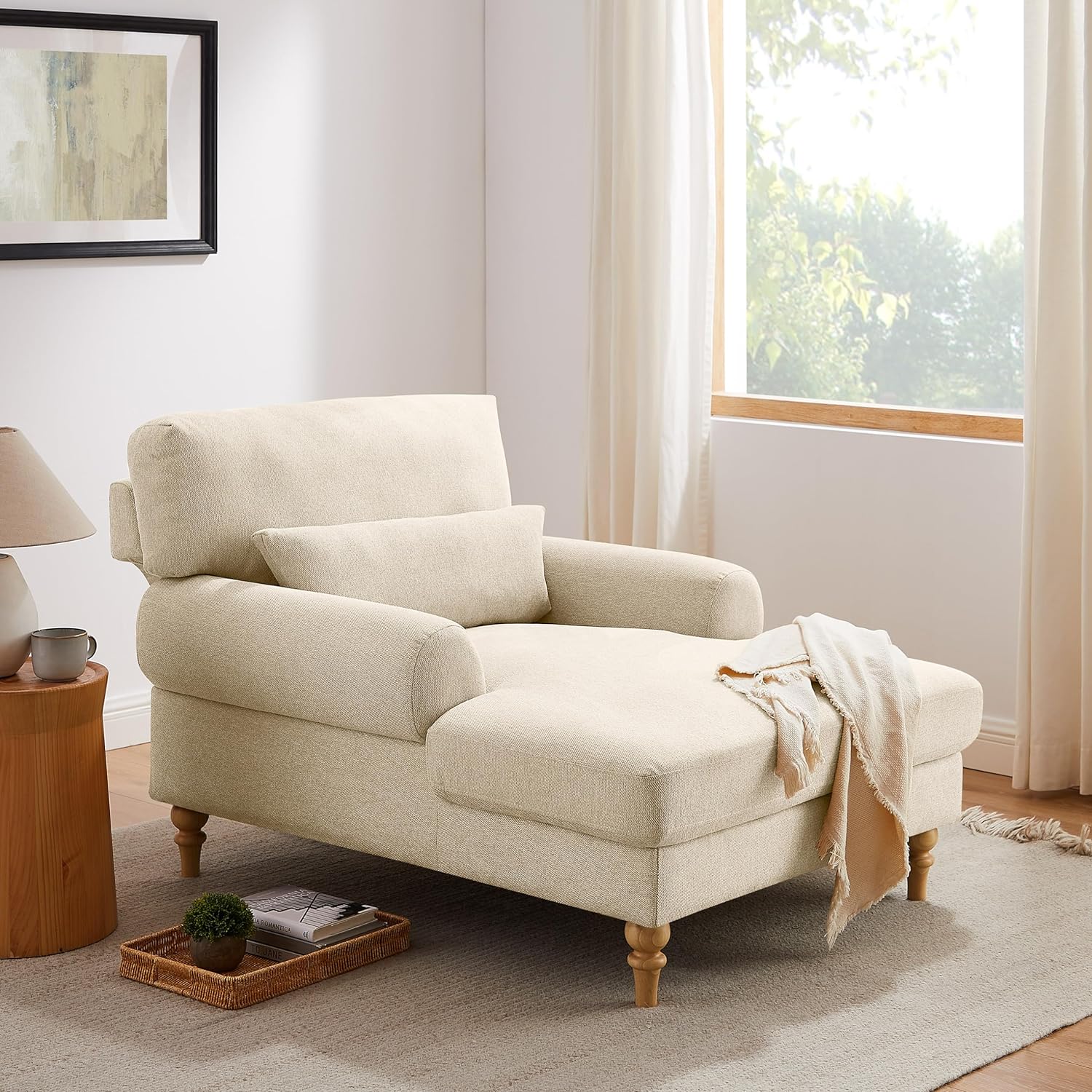 traditional chaise lounge armchair with beige upholstery and turned ...