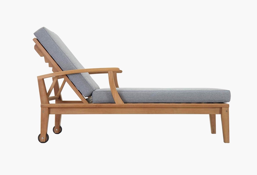 Wheeled teak chaise lounge