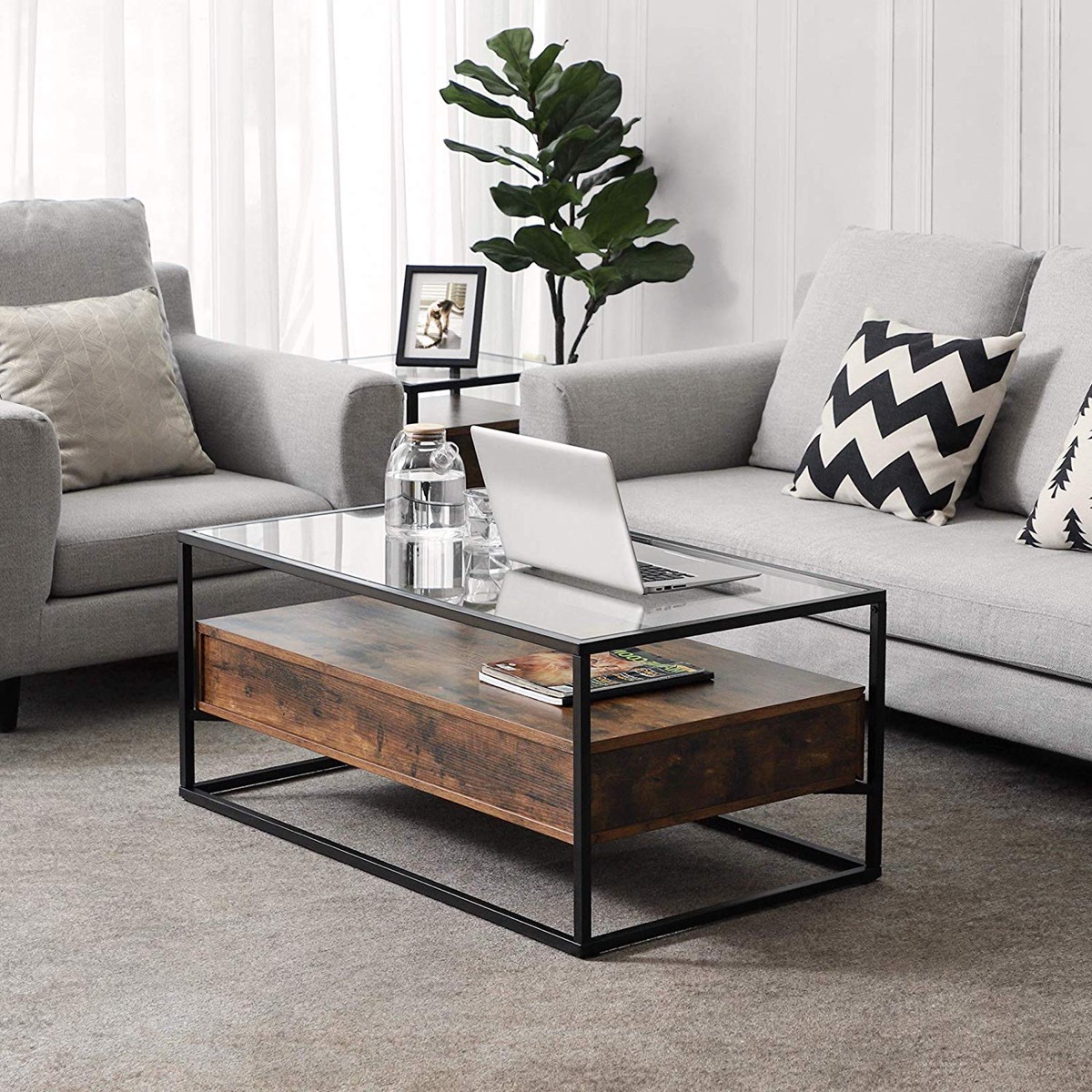 Rustic Industrial Glass Coffee Table With Walnut Wood Floating Shelf 