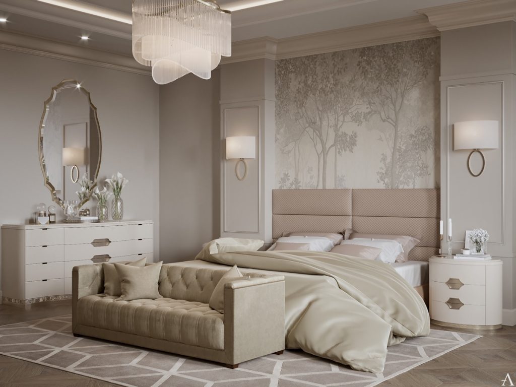 blush and taupe transitional bedroom design ideas with curved furniture ...