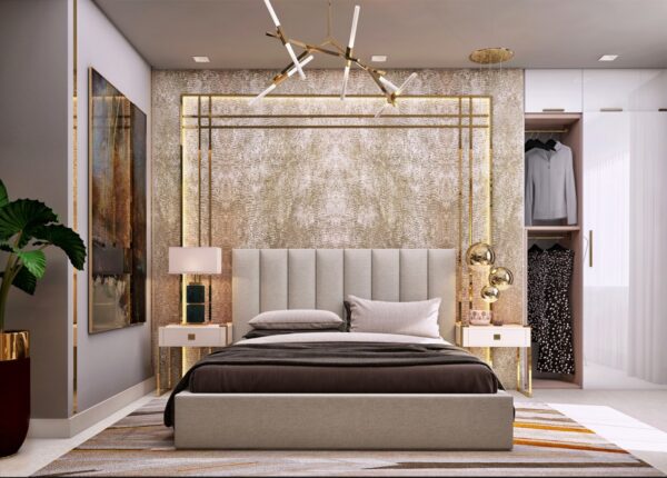 luxurious transitional bedroom ideas with gold accessories and lighting ...