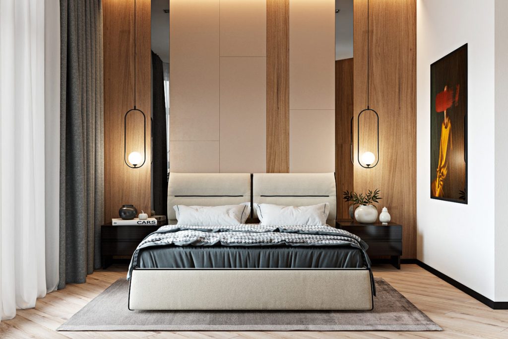 stylish master bedroom with wood white and mirror wall panels ...