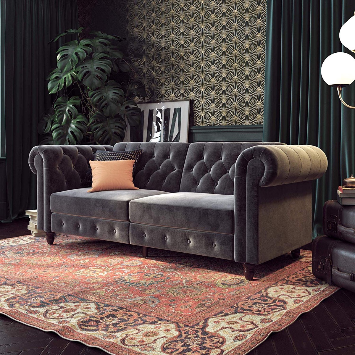 Velvet Tufted Sofa Dark Grey Upholstery For Classic Interiors 