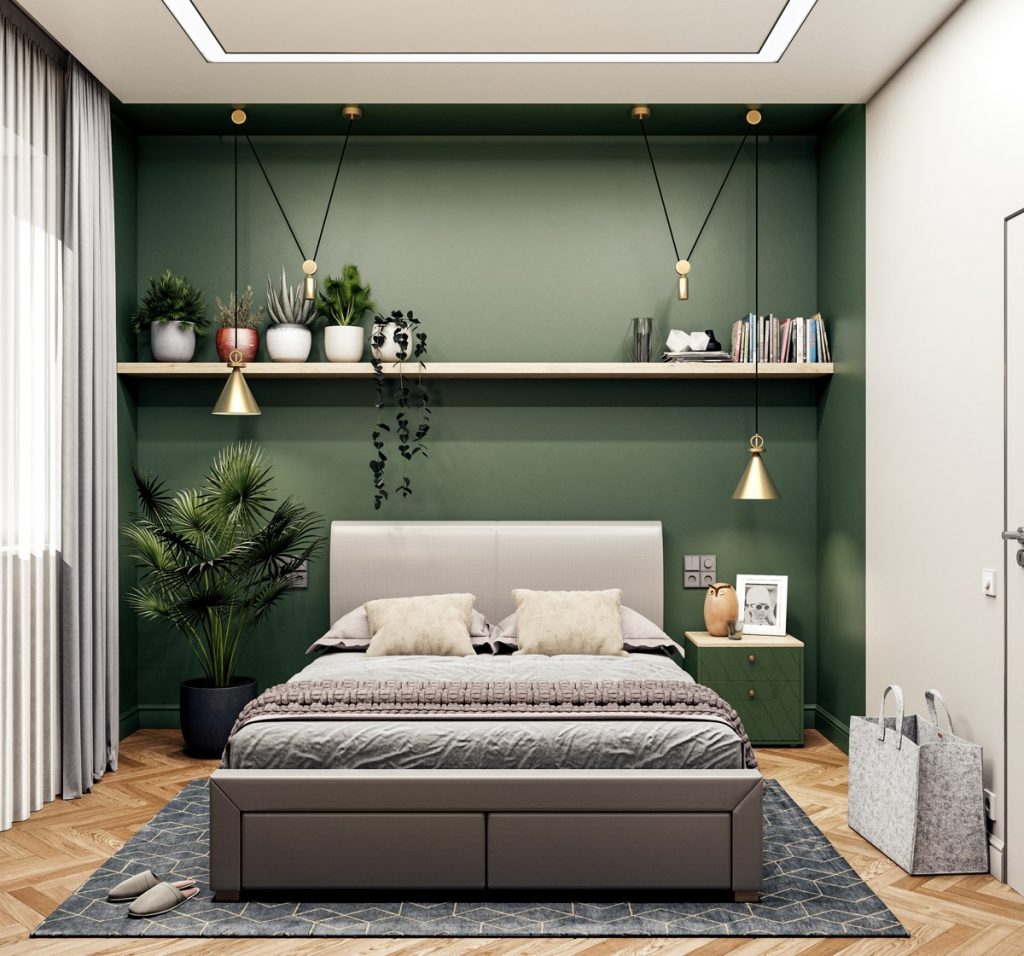 sage green and gold bedroom