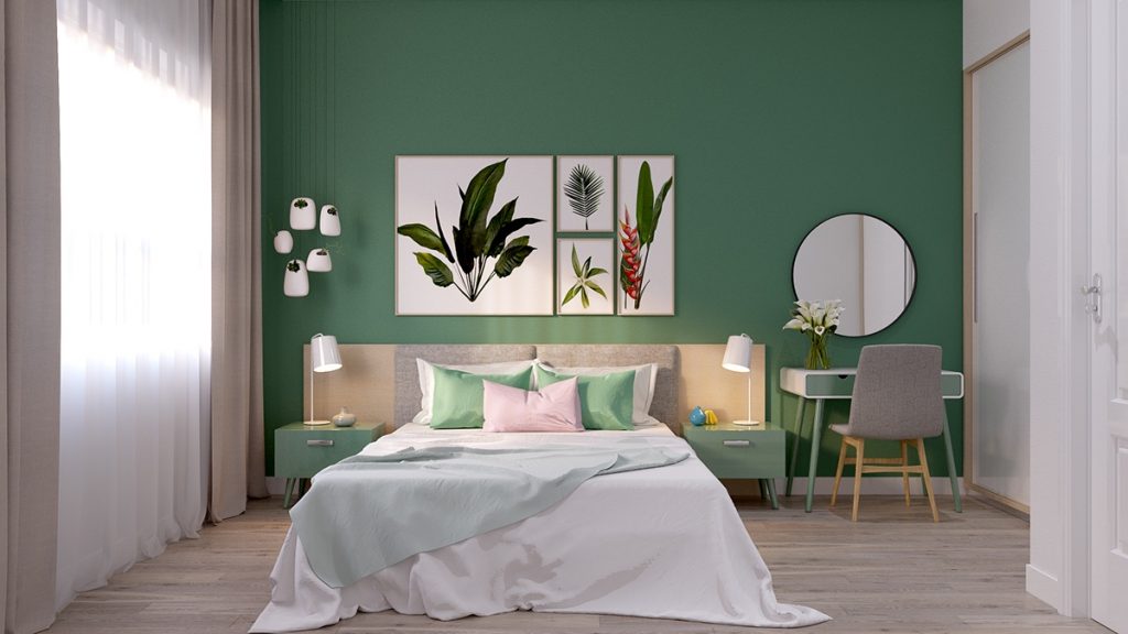 pink and sage green bedroom