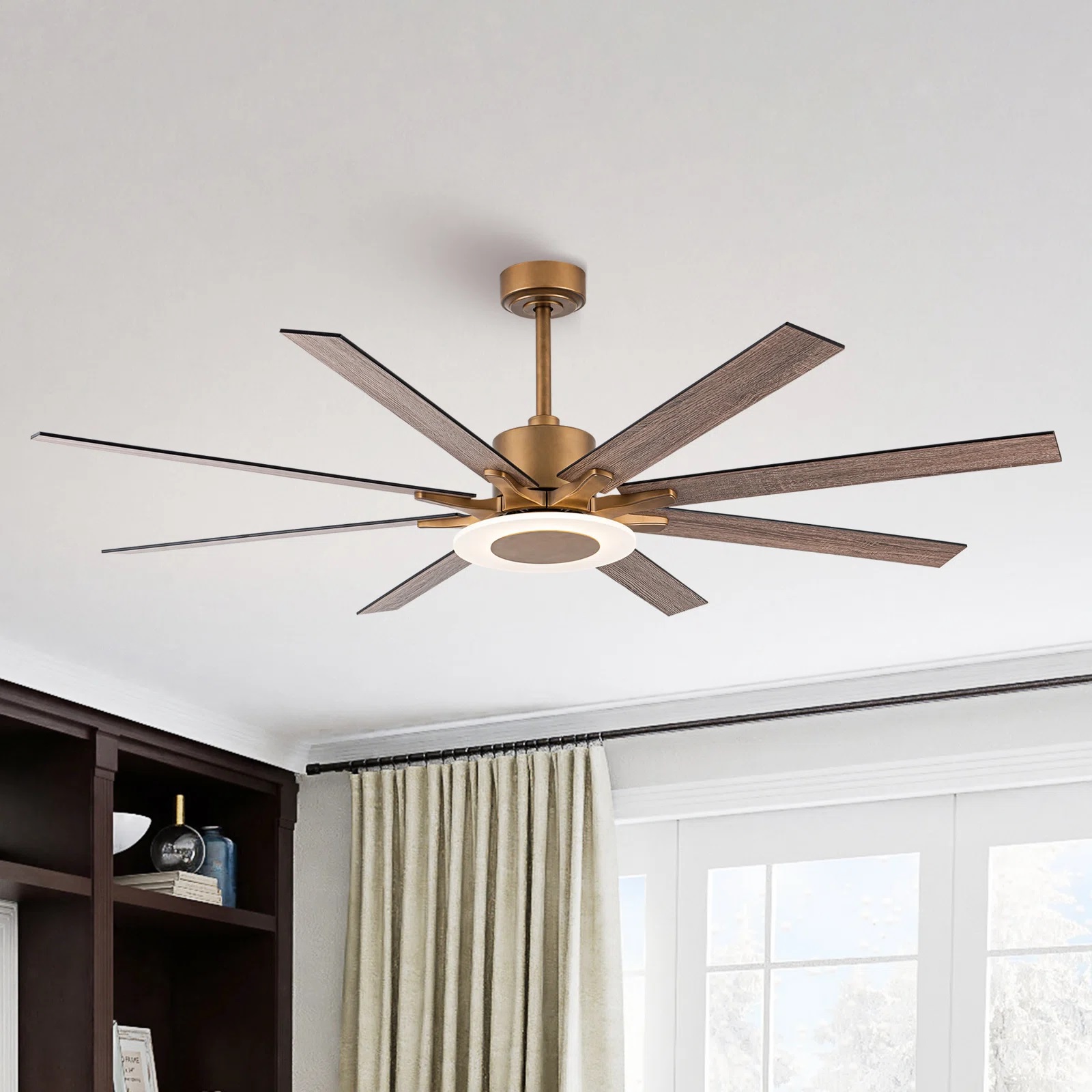 Brass and wood ceiling fan with LED light