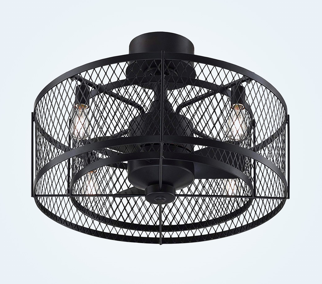 Discreet industrial ceiling fan with cage lampshade