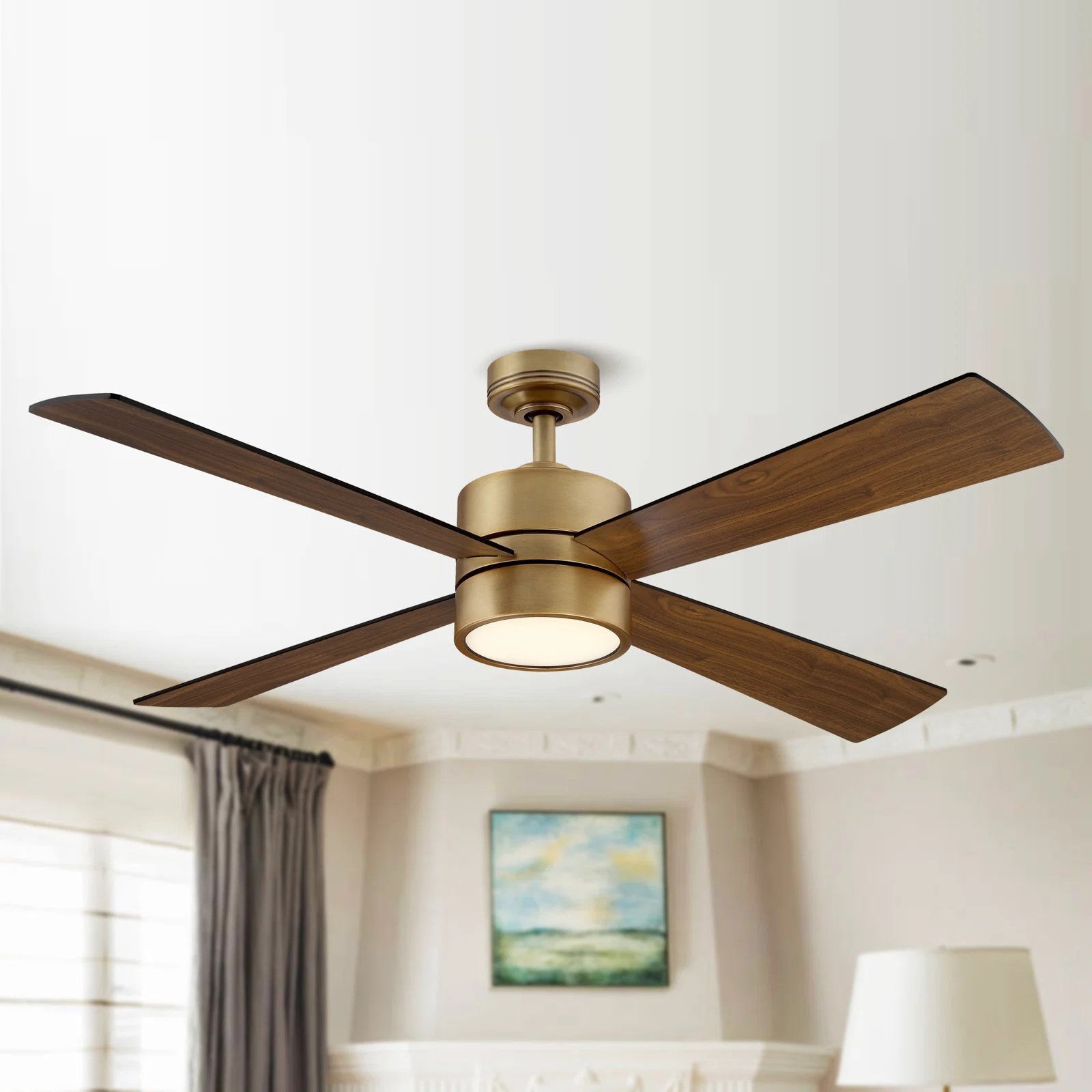 Brass and wood ceiling fan with light