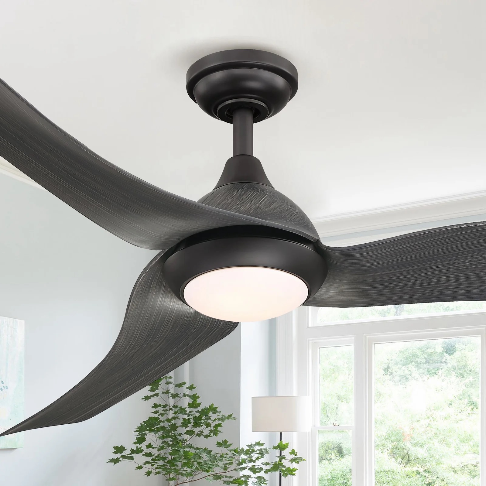 Lighted ceiling fan with brushed textures