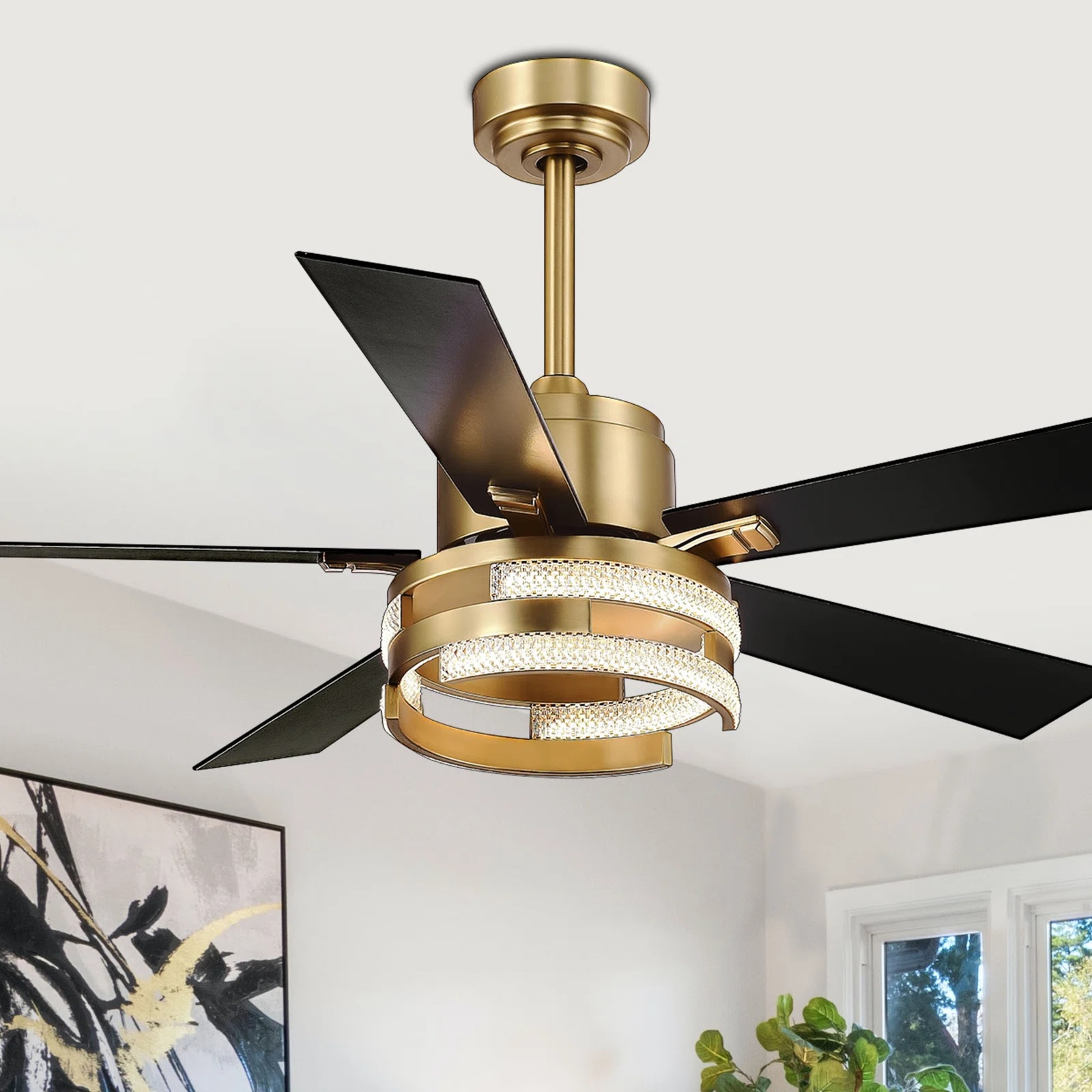 Glam ceiling fan with crystal-detail lampshade